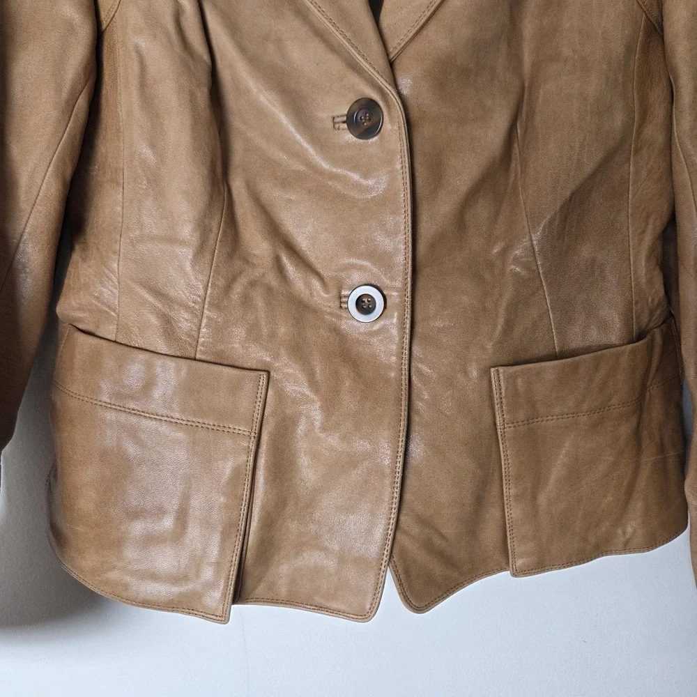 Charles Nolan New York Womens Camel Tan 100% Leather Jacket Blazer Size 6 Vtg